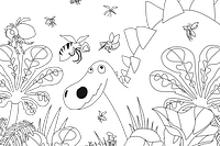Black and White sketch of dinosaur in a flower garden