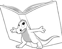 black and white sketch of dinosaur holding an open book for someone to read