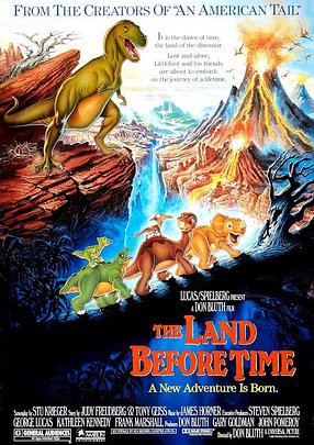 a volcano is in the background and dinosaurs in the foreground. The land Before Time movie poster