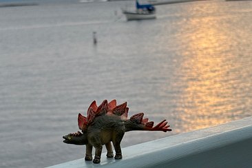toy dinosaur at Lake Champlain at sunset