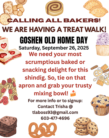 calling bakers to donate baked goods for OHD; call 603-447-4696 to sign up