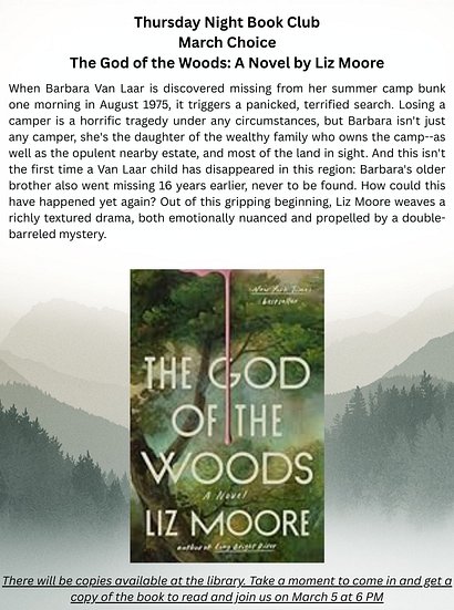 Thursday Night Book Club March Choice The God of the Woods A Novel by Liz Moore (1)