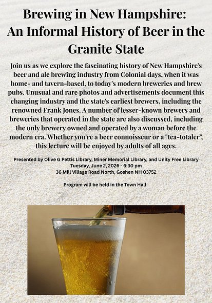 Brewing in New Hampshire presentation on 6/2/26 at 6:30 pm at the Goshen Town Hall