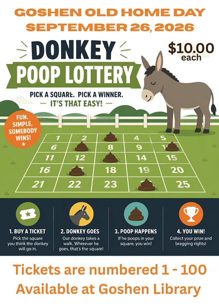 donkey poop lottery at OHD, purchase tickets at the library